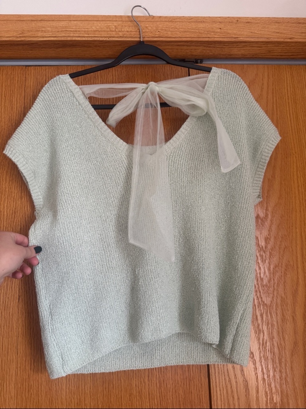 Boutique Blu Pepper Light Sage Green Short Sleeve Knit Top with Back Tie - Picture 4 of 4